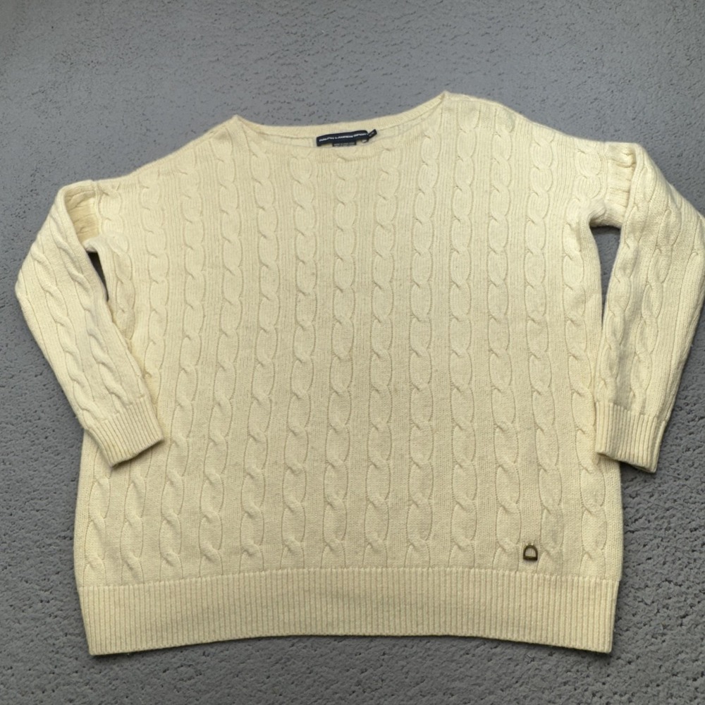 Polo Ralph Lauren Sweater Women Medium Cream Cable Sport Cashmere Wool Horseshoe